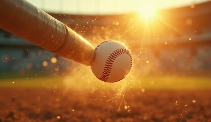 Dynamic close-up of a baseball bat striking a ball at sunset, embodying the energy and thrill of the game.