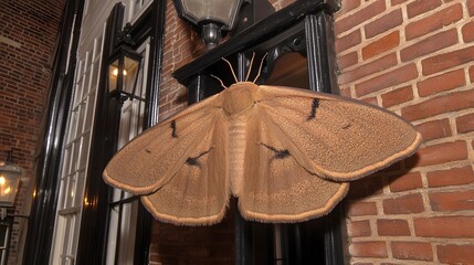 Large brown moth on glass surface at night