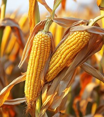 Close-up of Fresh Yellow Corn Ears Hanging on Stalks Amidst a Sunlit Cornfield Under Clear Blue Sky with Green and Golden Leaves Surrounding Them