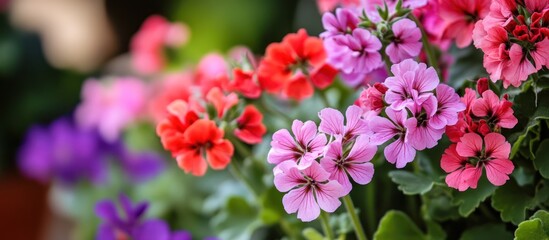 Obraz premium Vibrant Geraniums Displaying a Spectrum of Pink, Red, and Purple Hues
