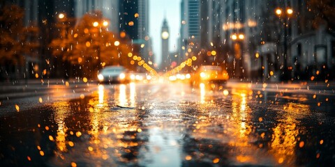 Obraz premium Rainy City Street with Glowing Reflections from Cars and Street Lamps