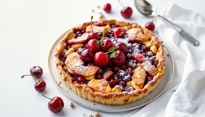 Delicious cherry and apple tart recipe kitchen food photography bright atmosphere close-up culinary delight