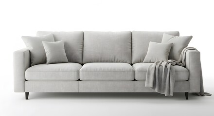 AI image of a contemporary light grey three-seater sofa with soft cushions and a draped blanket, isolated on a clean white background.