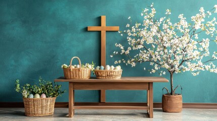 Bright teal wall with rustic cross, Easter baskets, and spring blossoms creating a festive religious setting