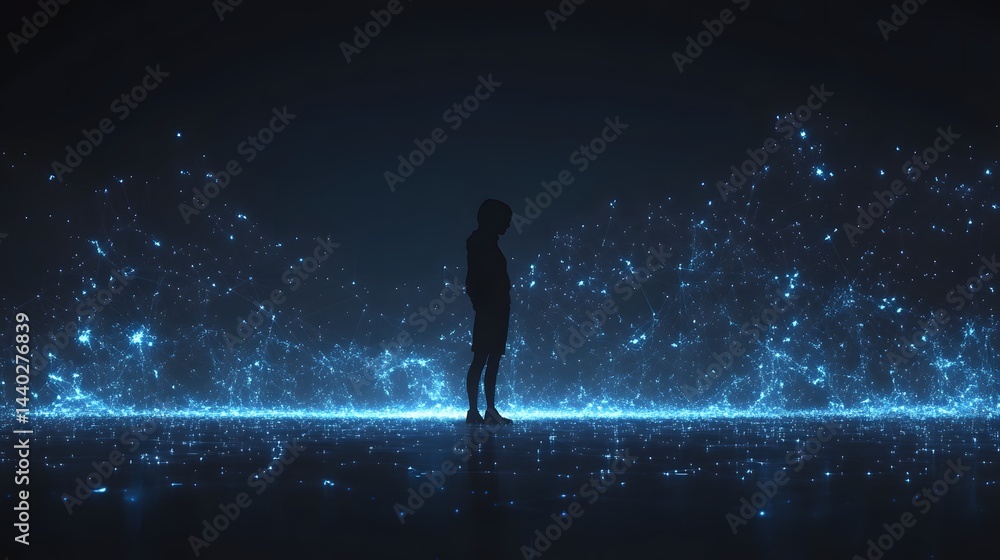 Aufkleber A figure stands silhouetted amidst a glowing blue network, symbolizing connection and technology. Data flows around the person, highlighting digital interaction. Abstract wireframe in dark blue