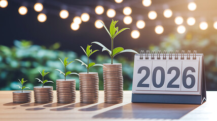Stacks of coins with growing plants next to a 2026 calendar symbolizing financial growth in the future.