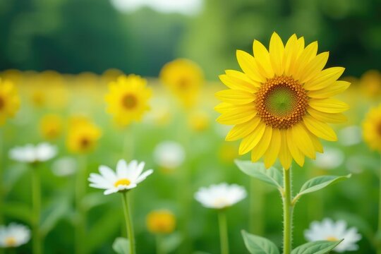 One bright yellow sunflower in field of white flowers, noticeable, flower