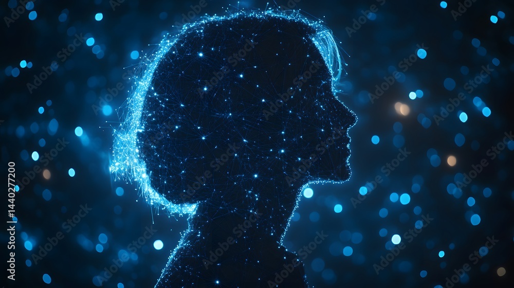Poster Futuristic silhouette of a person's head, composed of interconnected blue points and lines against a bokeh-filled backdrop. Technological, digital, and modern. Abstract wireframe in dark blue.