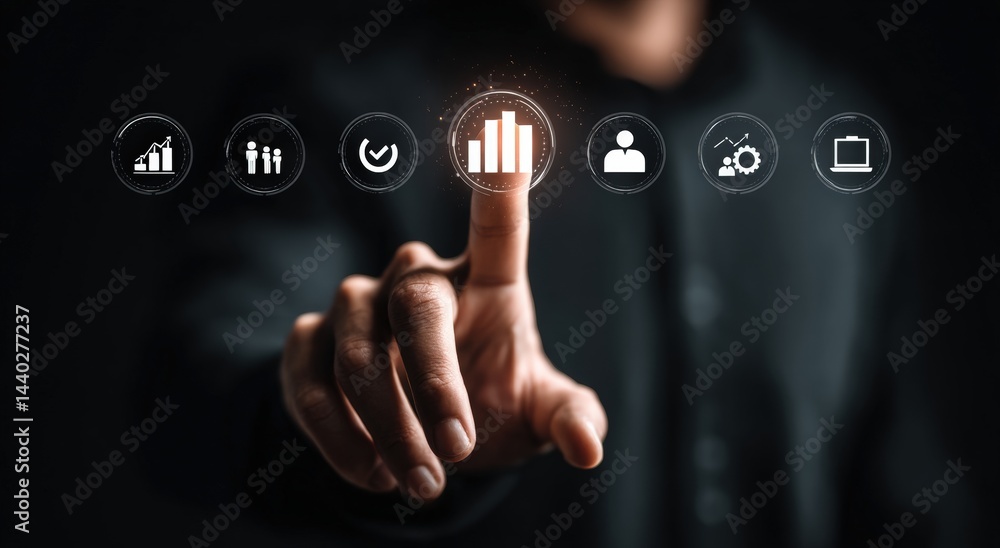 Poster a person is selecting a bar chart icon from a row of business analytics symbols on a transparent dig