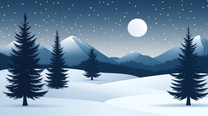 Naklejka premium Snowy mountainscape night scene, winter trees