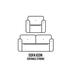 Sofa Line Style Vector Icon Black with White Background Flat Design Illustration