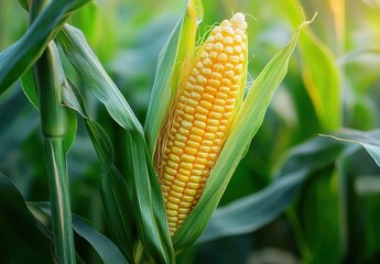 Close-Up of Ripe Yellow Corn Cob Surrounded by Lush Green Corn Leaves in a Sunlit Field During Harvest Season
