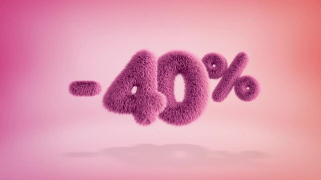 40% pink fluffy numbers and symbols on a simple gradient background with particles. Looping animation of 3D text countdown 40 percent sale
