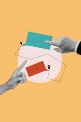 Creative image collage of two hands finger demonstrate speech bubble on orange background