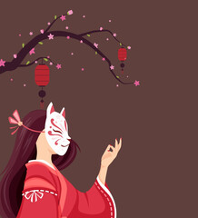 a woman wearing a fox mask under a cherry blossom tree