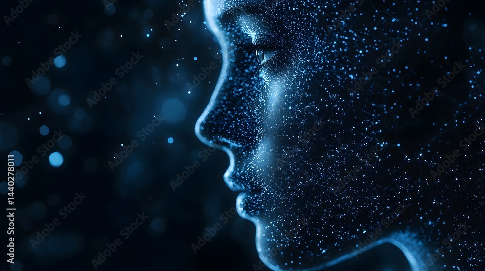 Leinwandbilder Futuristic face portrait constructed from interconnected digital dots and lines. A technological representation of identity emerges against the dark backdrop. Abstract wireframe in dark blue.