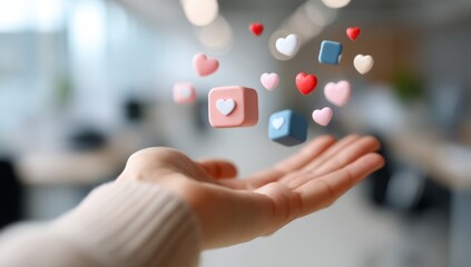 A hand releases floating 3D heart icons and cubes, symbolizing love and social media interaction in a modern, blurred office setting , Social media influence marketing.
