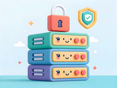 Cute Cartoon Servers with Lock and Shield for Data Security Concept