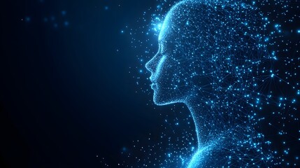 Futuristic representation of a human head as a glowing blue network. Symbolizes AI, neural connections, and digital consciousness within a deep blue gradient backdrop. Abstract wireframe in dark blue.