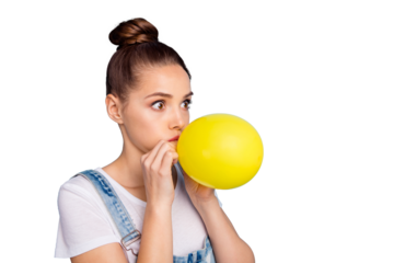 Turned photo of shocked person inflating baloon looking wearing white t-shirt denim jeans overall isolated over blue background