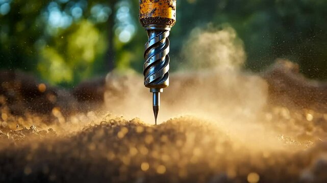 Heavy Machinery Drill Bit in Action Breaking Ground with Dust Cloud