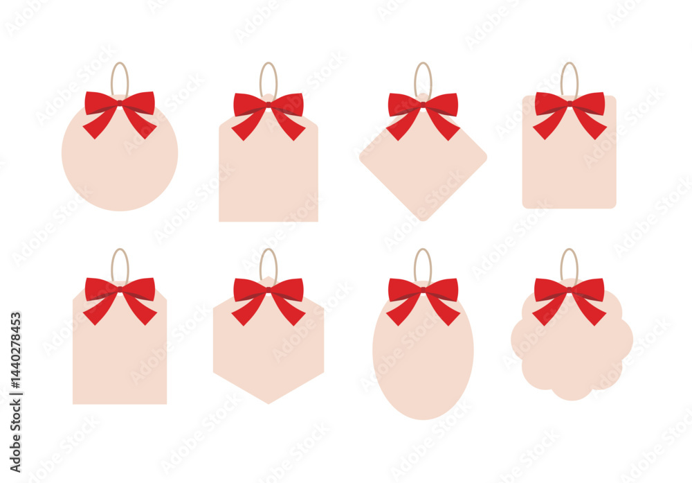 Poster the image shows eight beige gift tags in different shapes, each decorated with a red bow and loop. i