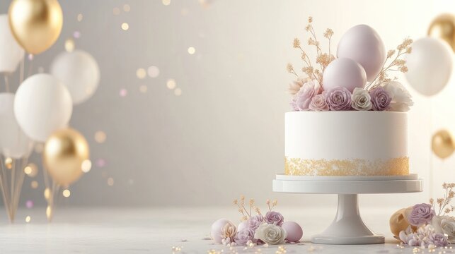 Elegant cake, balloons, floral decor, celebration