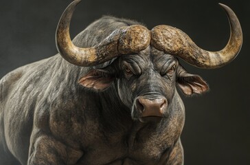 Naklejka premium Massive water buffalo with powerful physique, close-up body details highlighting muscle definition
