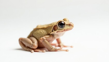 Fototapeta premium Small brown frog against plain white backdrop, amphibian, animal, brown