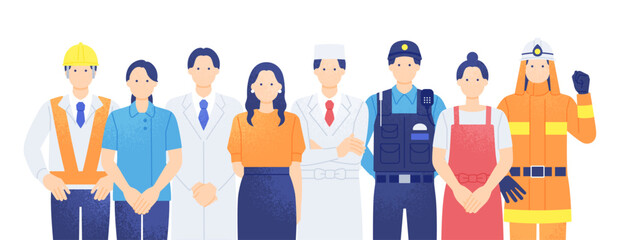 作業着・白衣・防火服など多彩なユニフォームを着た男女。シンプルでカラフルな職業別イラスト素材セット。