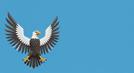 Fototapeta premium Majestic Bald Eagle Soaring High Low Poly 3D Render Against a Vibrant Blue Sky