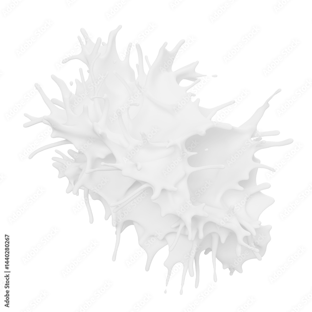 Poster splash of white liquid is dramatically bursting and dispersing in various directions against a simpl