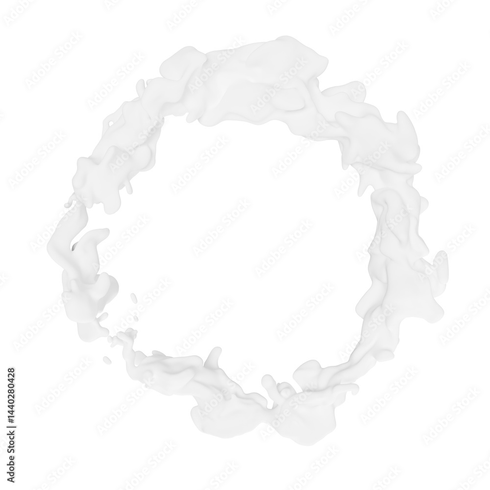 Poster dynamic white circular splash milk forms a textured border on a blank background, showcasing fluid m