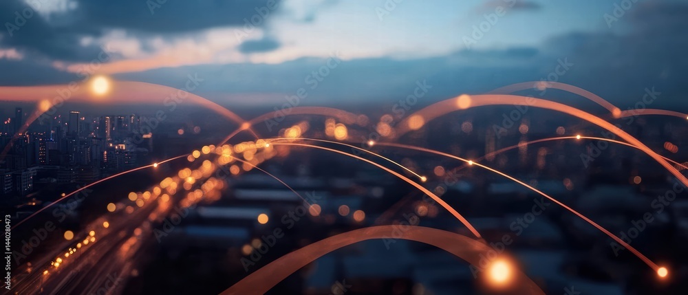 Poster nighttime view of futuristic city showcasing glowing lines representing connectivity and technology,