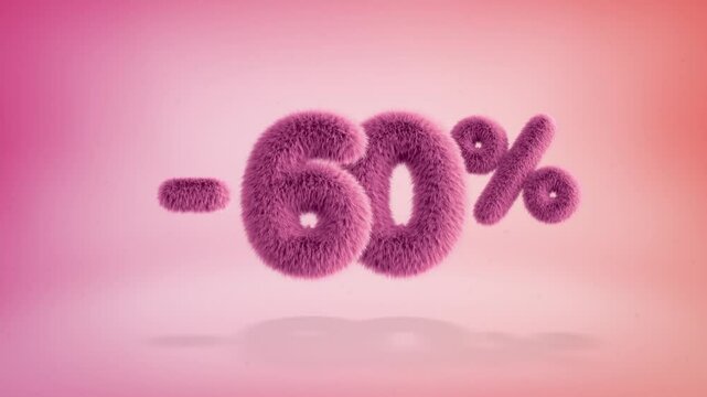 60% pink fluffy numbers and symbols on a simple gradient background with particles. Looping animation of 3D text countdown 60 percent sale