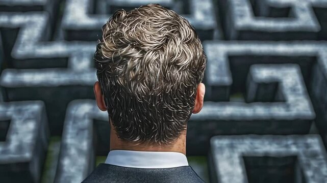 Man in Suit Contemplates Decisions in Complex Maze Pathway