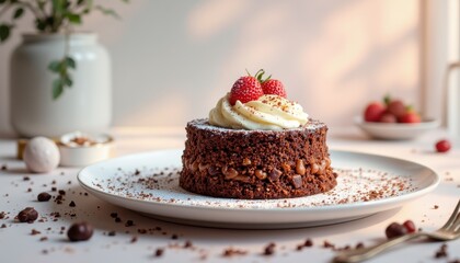 Decadent chocolate cake with strawberries cozy kitchen food photography warm atmosphere close-up dessert inspiration