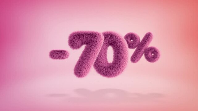 70% pink fluffy numbers and symbols on a simple gradient background with particles. Looping animation of 3D text countdown 70 percent sale