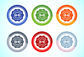 High protein icon design illustration, High protein label badge sign, 6 color button design set