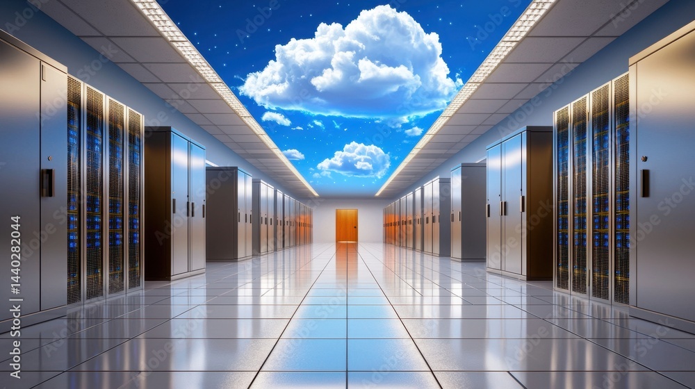 Poster cyber data center with blue luminous clouds hovering above sleek server cabinets