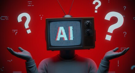 ai image moody concept illustration of human with glowing AI television head questioning future amidst floating question marks red background