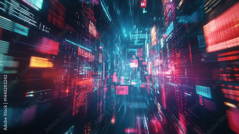 Aufkleber a futuristic digital landscape with glowing data blocks and dynamic light trails representing cybers