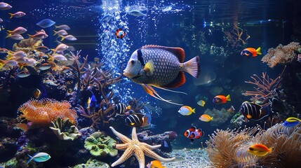 Colorful fish swimming in a decorative aquarium