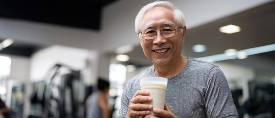 Senior man enjoying post workout smoothie in gym, smiling with satisfaction. atmosphere is energetic and healthy, reflecting commitment to fitness and well being