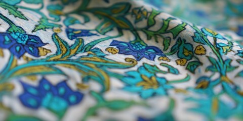 Closeup macro of traditional Kashmir textile fabric, showcasing intricate patterns, fine embroidery and rich texture of handcrafted wool and silk weaving