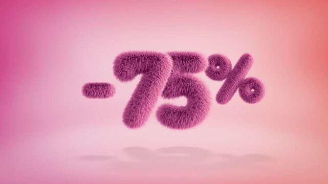 75% pink fluffy numbers and symbols on a simple gradient background with particles. Looping animation of 3D text countdown 75 percent sale