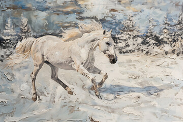White Horse Galloping Gracefully Through Snowy Landscape Frosty Trees Blue Sky