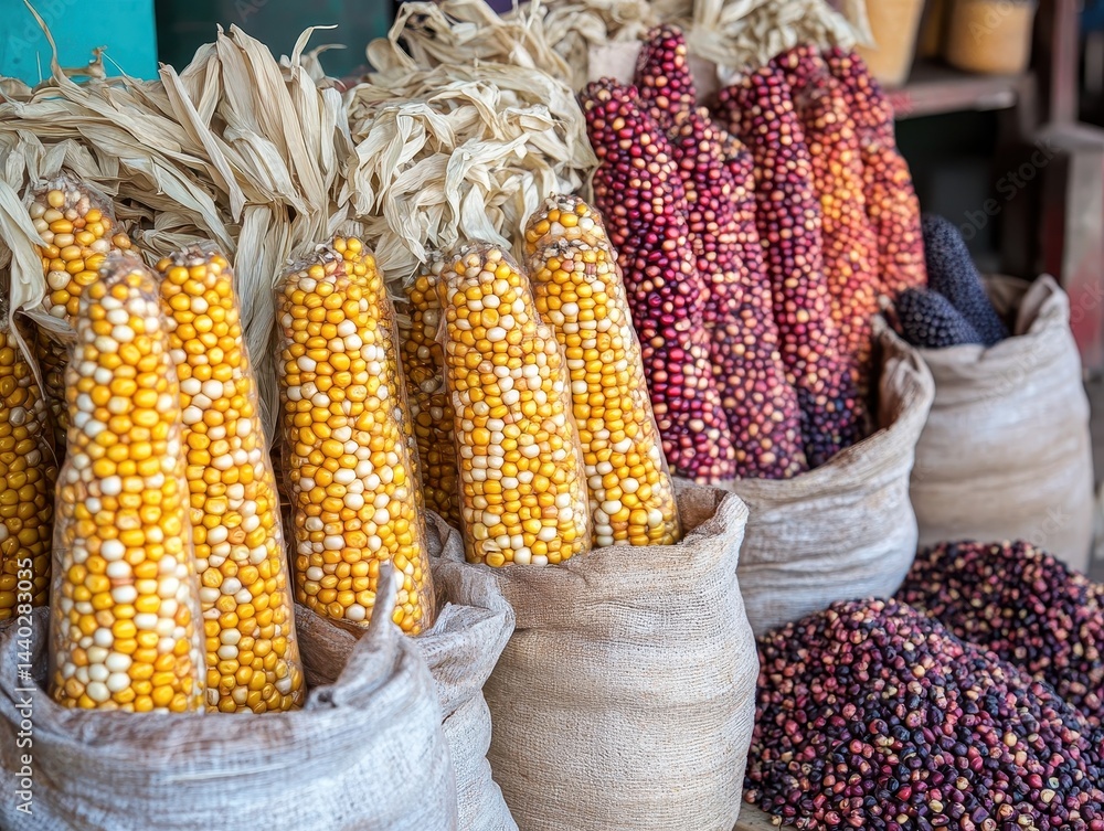 Poster colorful corn varieties displayed in sacks at local market, showcasing intricate patterns and textur