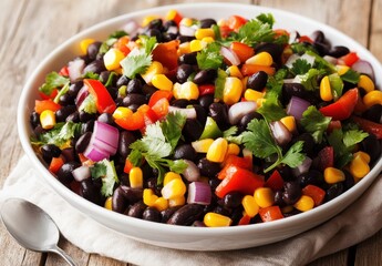 Colorful Black Bean Salad with Corn, Bell Peppers, Red Onion, and Fresh Cilantro Served in a White Bowl on a Rustic Wooden Table