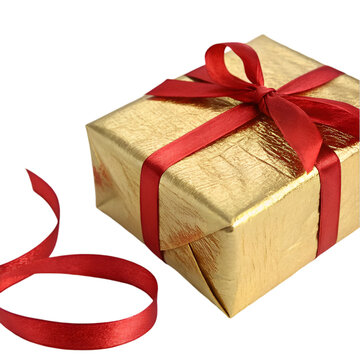 Gold Gift Box with Red Ribbon: Perfect for Holidays and Special Occasions isolated on transparent background